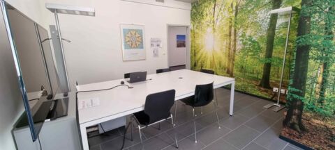 Seminarraum Zürich mit grossem Tisch und Wald-Wandtapete
